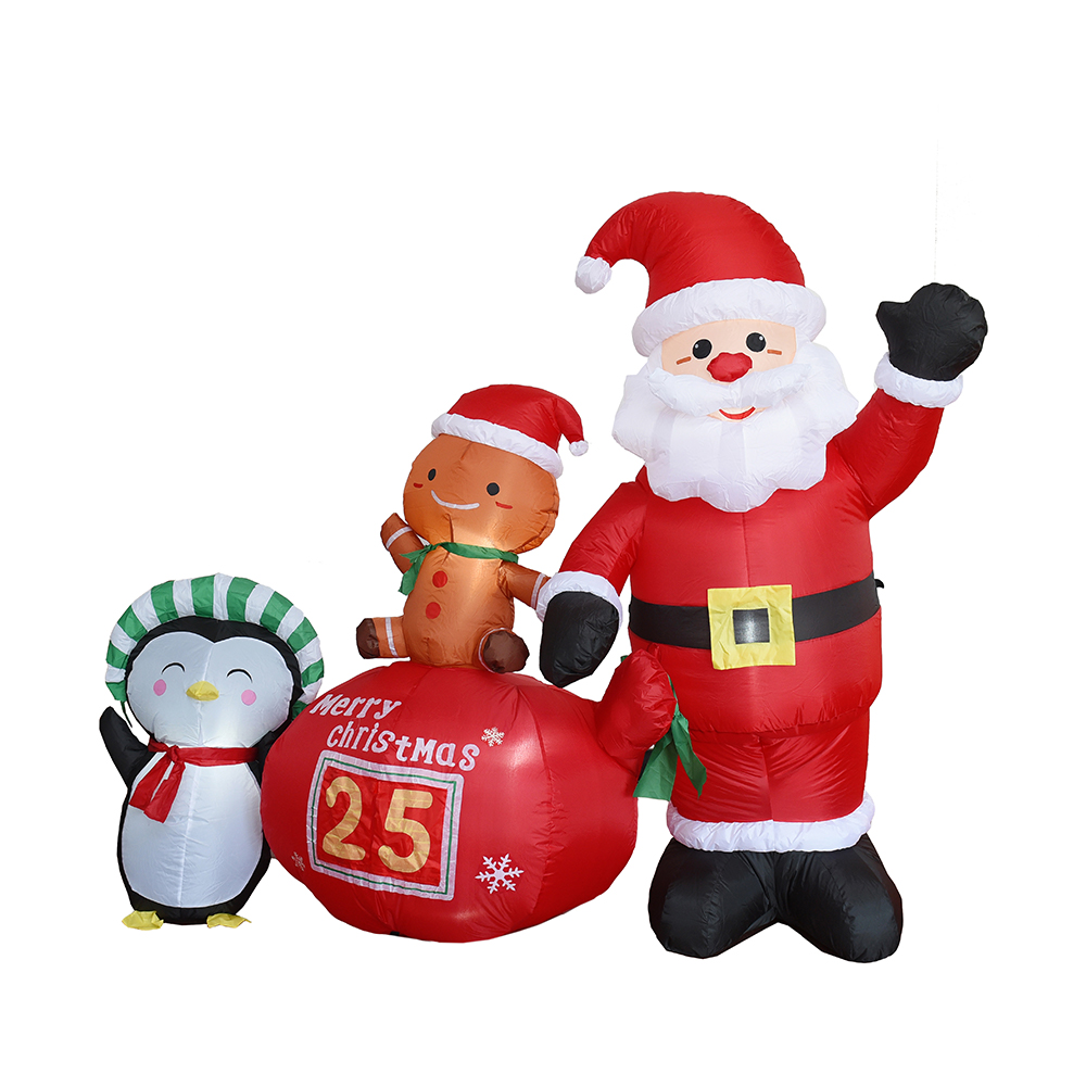 210cm Nativitas inflatabilis computat in santa claus cum penguin et gingerbread hominem velit decorari lumina.